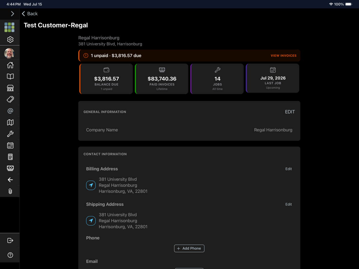 Fieldstone customer profile and history on a tablet