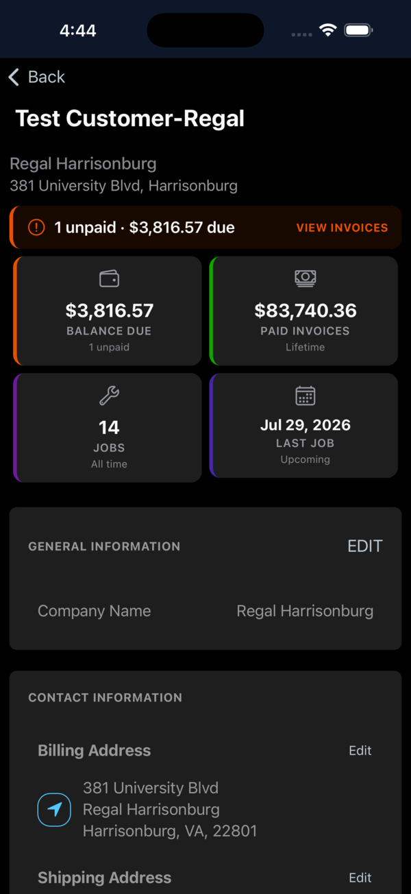 Fieldstone customer history screen on a phone