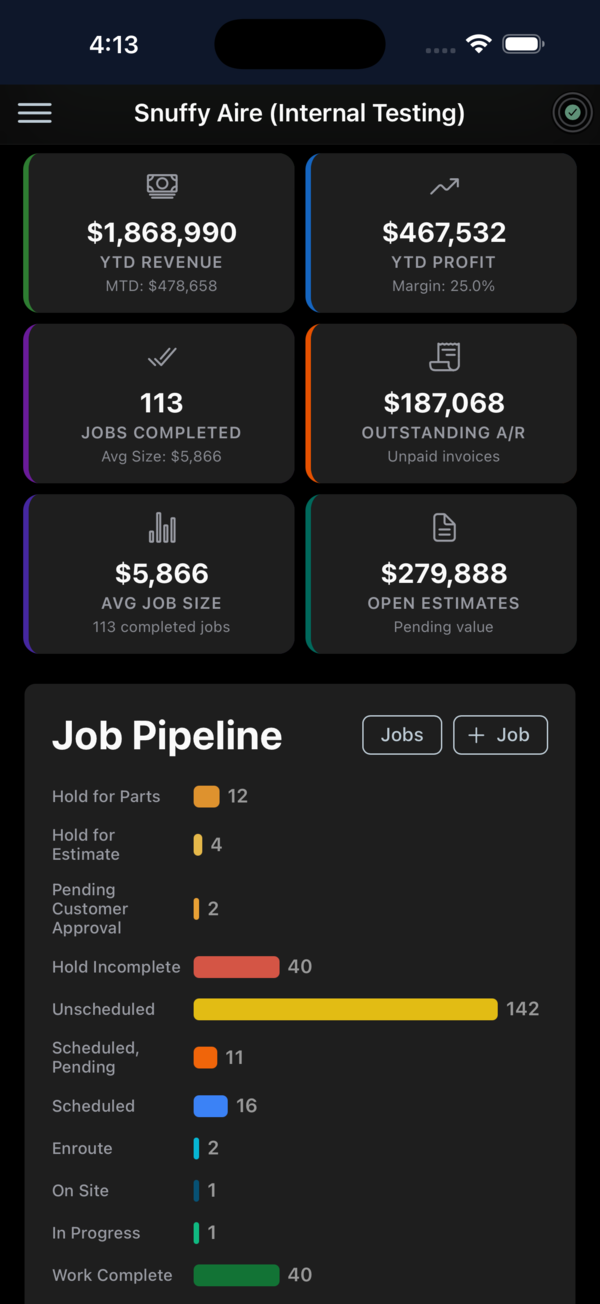 Fieldstone profit dashboard on a phone showing revenue, margin, and job pipeline