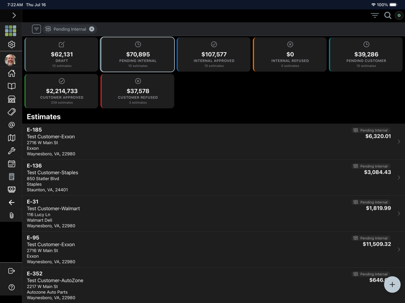Fieldstone estimates list with options and approval status