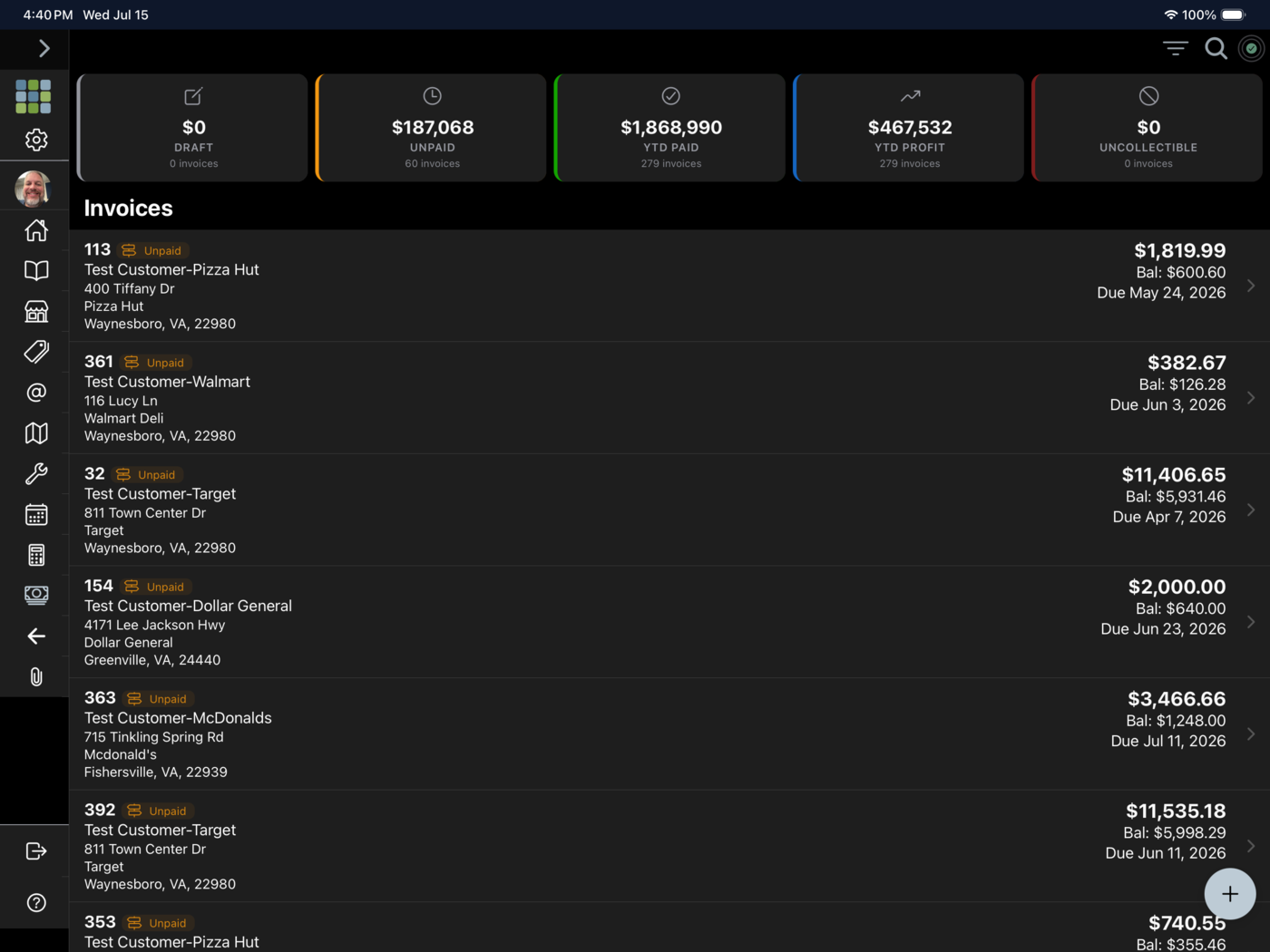Fieldstone invoicing screen for HVAC jobs