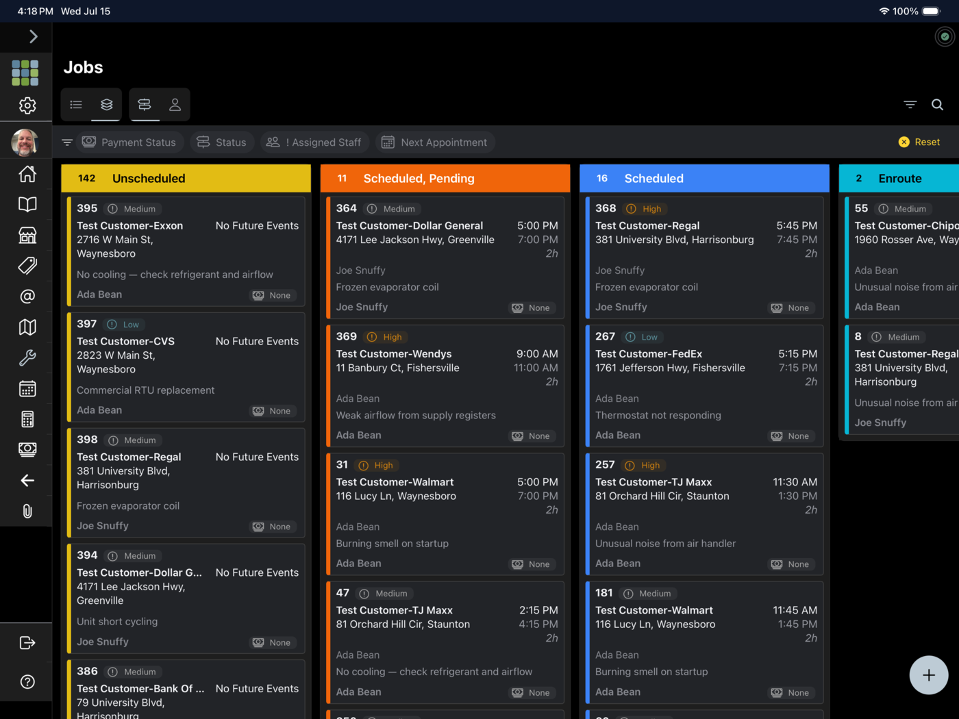 Fieldstone jobs board showing unscheduled, scheduled, and enroute HVAC work