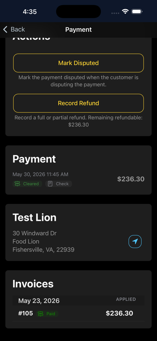 Fieldstone payment detail screen showing a cleared payment applied to an invoice
