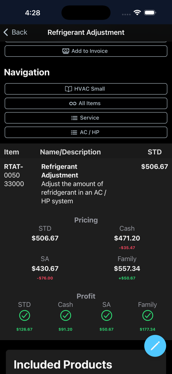 Fieldstone price book item with multi-tier pricing and profit